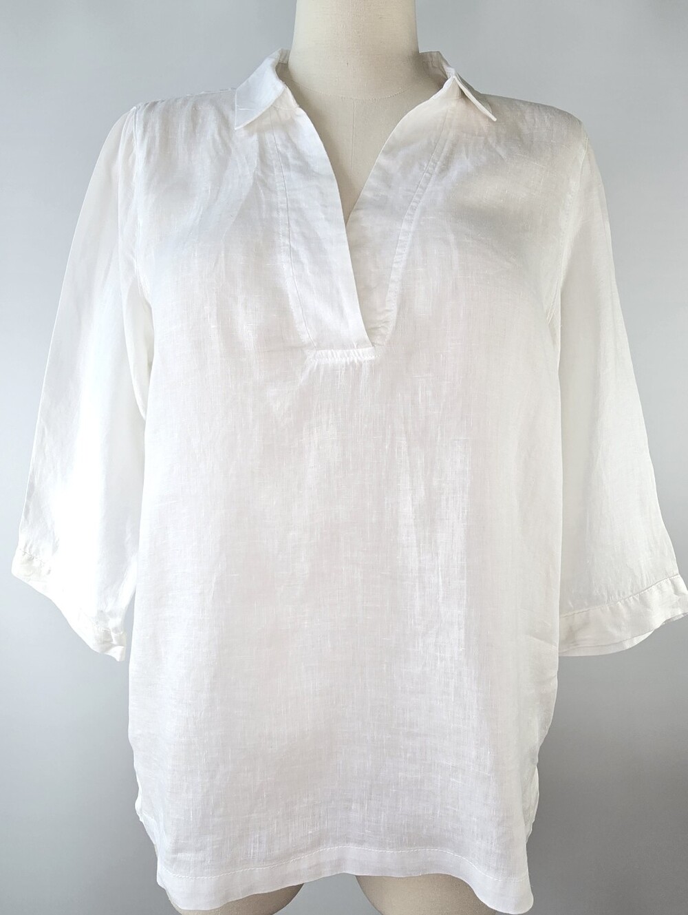 Tahari 100% Linen Split Neck Quarter Sleeve Tunic Blouse Cover-Up White Size L